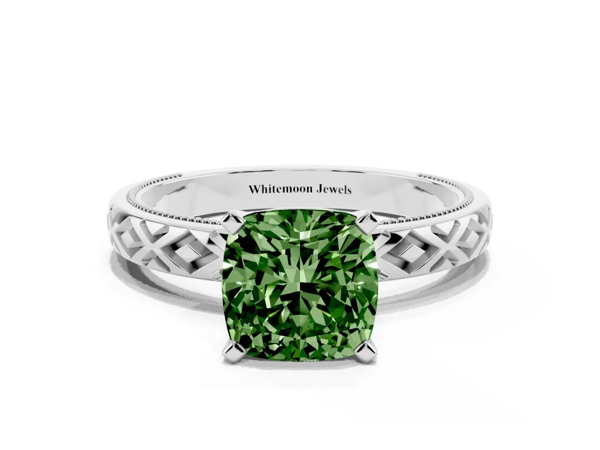 Fancy Green Cushion Cut Solitaire Diamond Ring with Milgrain and Black Enamel X Pattern Band Silver