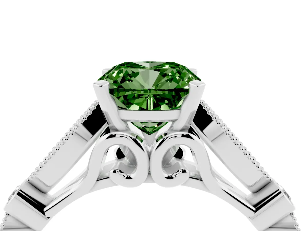 Fancy Green Cushion Cut Cut Diamond with Milgrain Marquise and Bezel Accents on a Solitaire Band with Prong Setting White gold