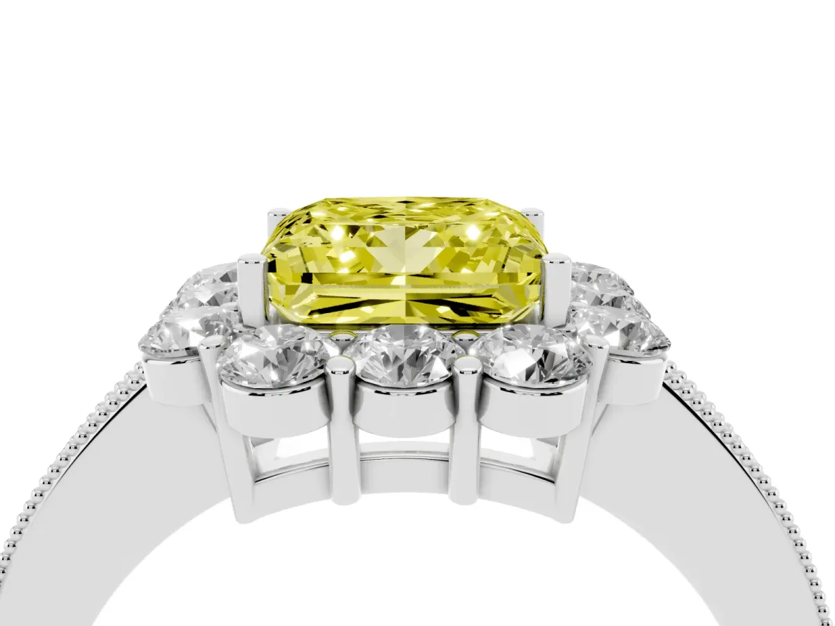 Fancy Yellow Princess Cut Cut Halo Diamond Pavé Engagement Ring with Milgrain Detailing White gold
