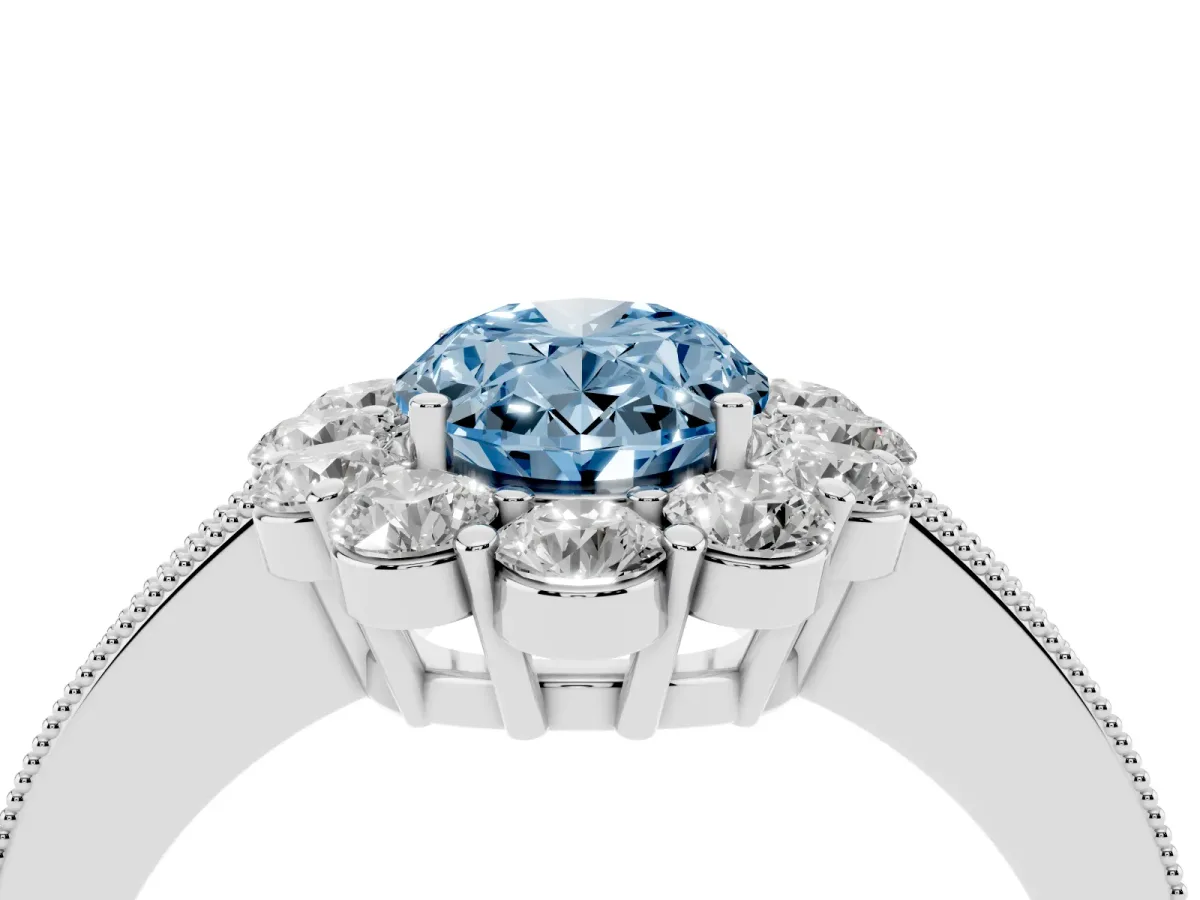 Fancy Blue Oval Cut Cut Halo Diamond Pavé Engagement Ring with Milgrain Detailing Silver