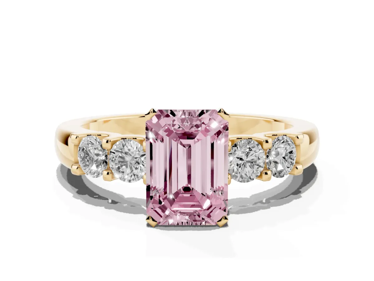 Fancy Pink Emerald Cut Brilliant Cut Diamond Five-Stone Prong Set Engagement Ring with Channel Band Yellow gold