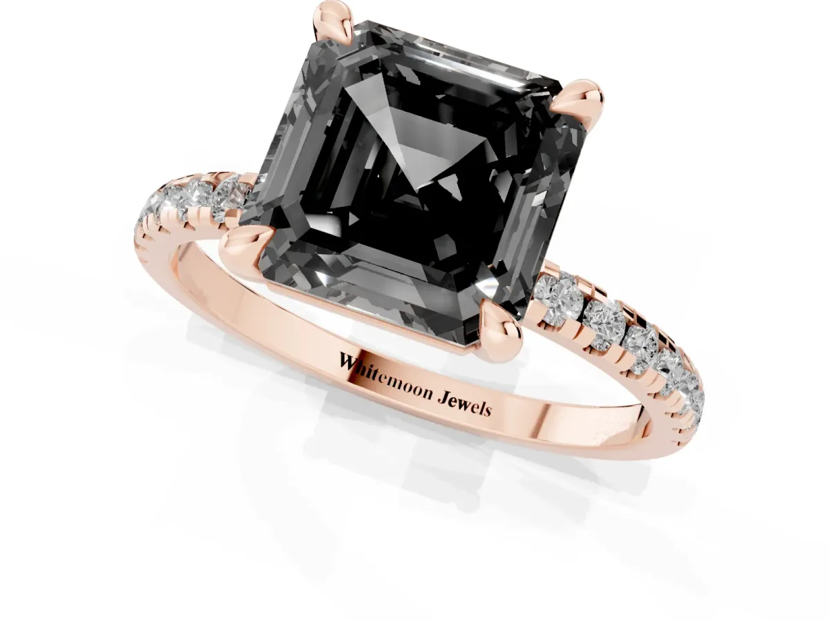 Fancy Black Asscher Cut Diamond Brilliant Solitaire Ring with Pavé Band and Four-Prong Setting Rose gold