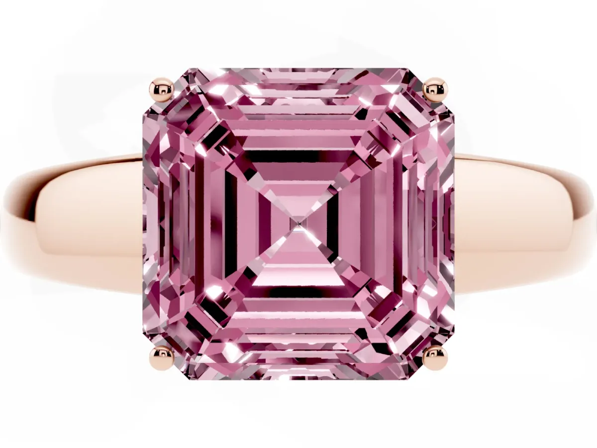 Fancy Pink Asscher Cut Solitaire Diamond Ring with Tapered Band and Four-Prong Setting Rose gold