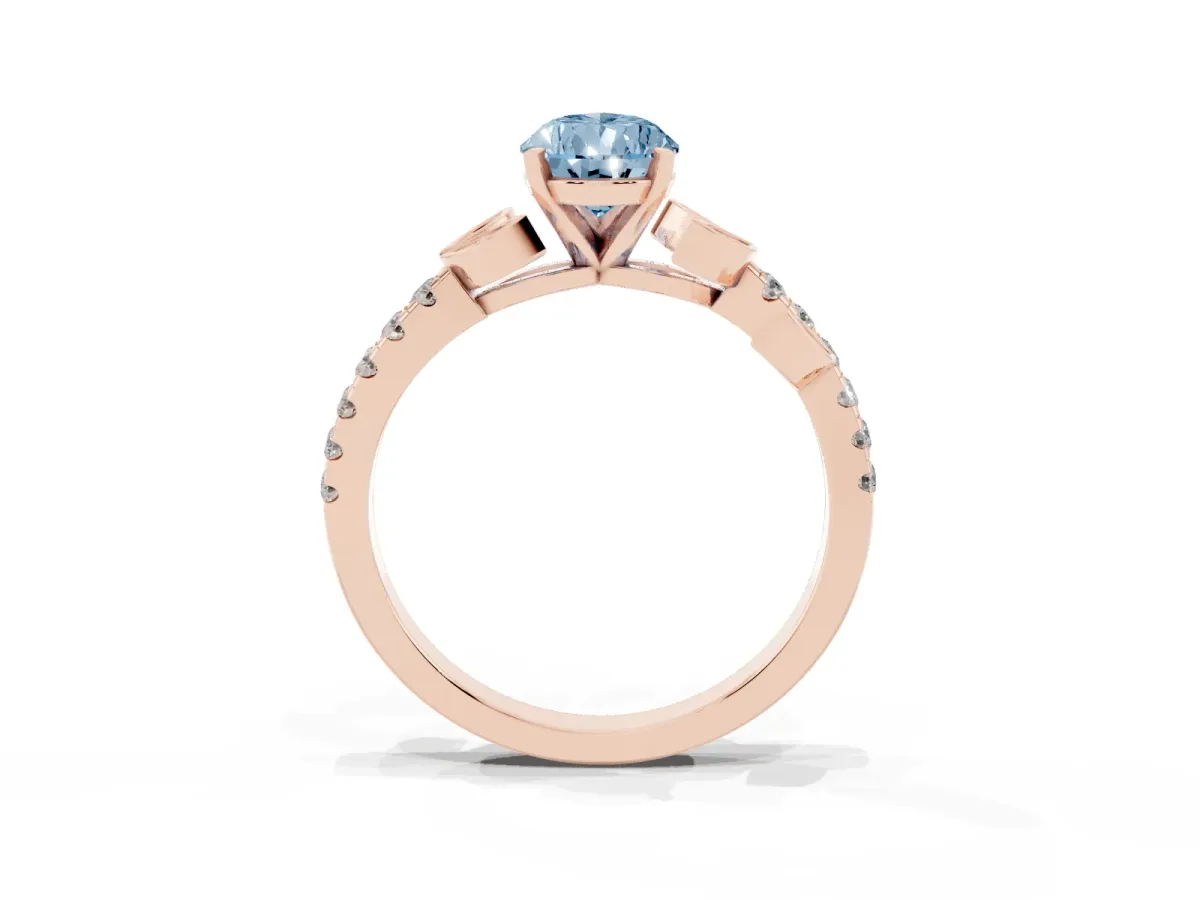 Fancy Blue Pear Cut Solitaire Leaf-Inspired Diamond Ring with Pavé Band and Four-Prong Setting Rose gold