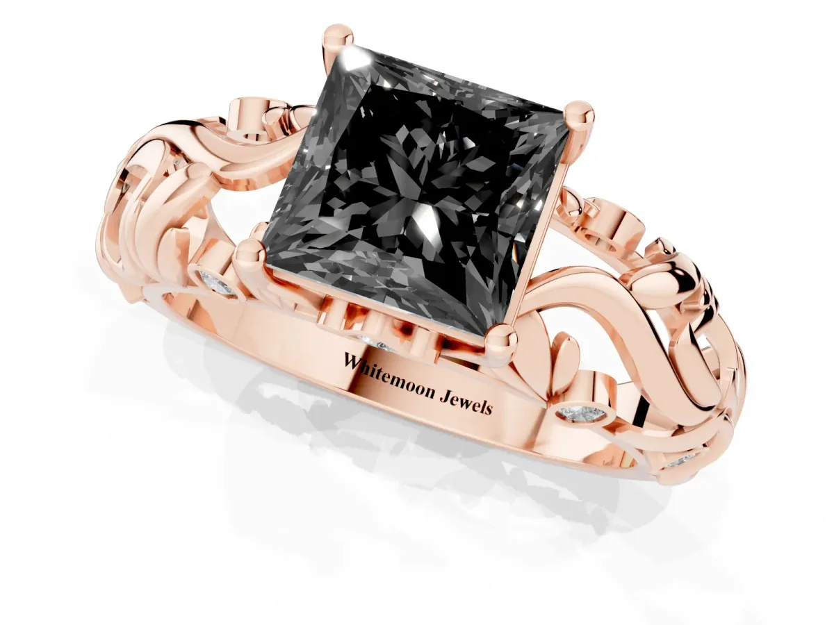 Fancy Black Princess Cut Solitaire Diamond Leaf-Inspired Vine Band Ring with Prong Setting Rose gold