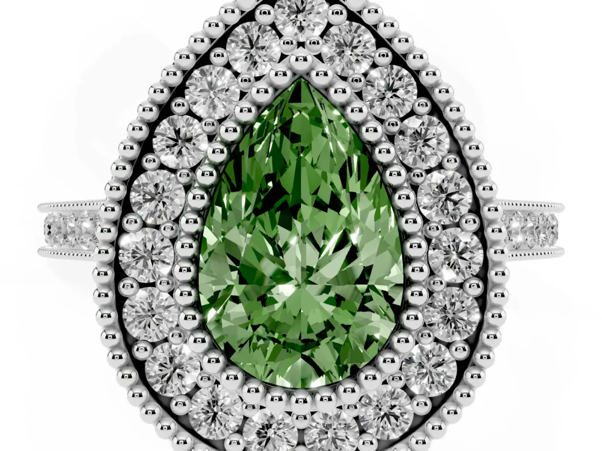 Fancy Green Pear Cut Diamond Halo Ring with Milgrain Frame and Pavé Band Silver