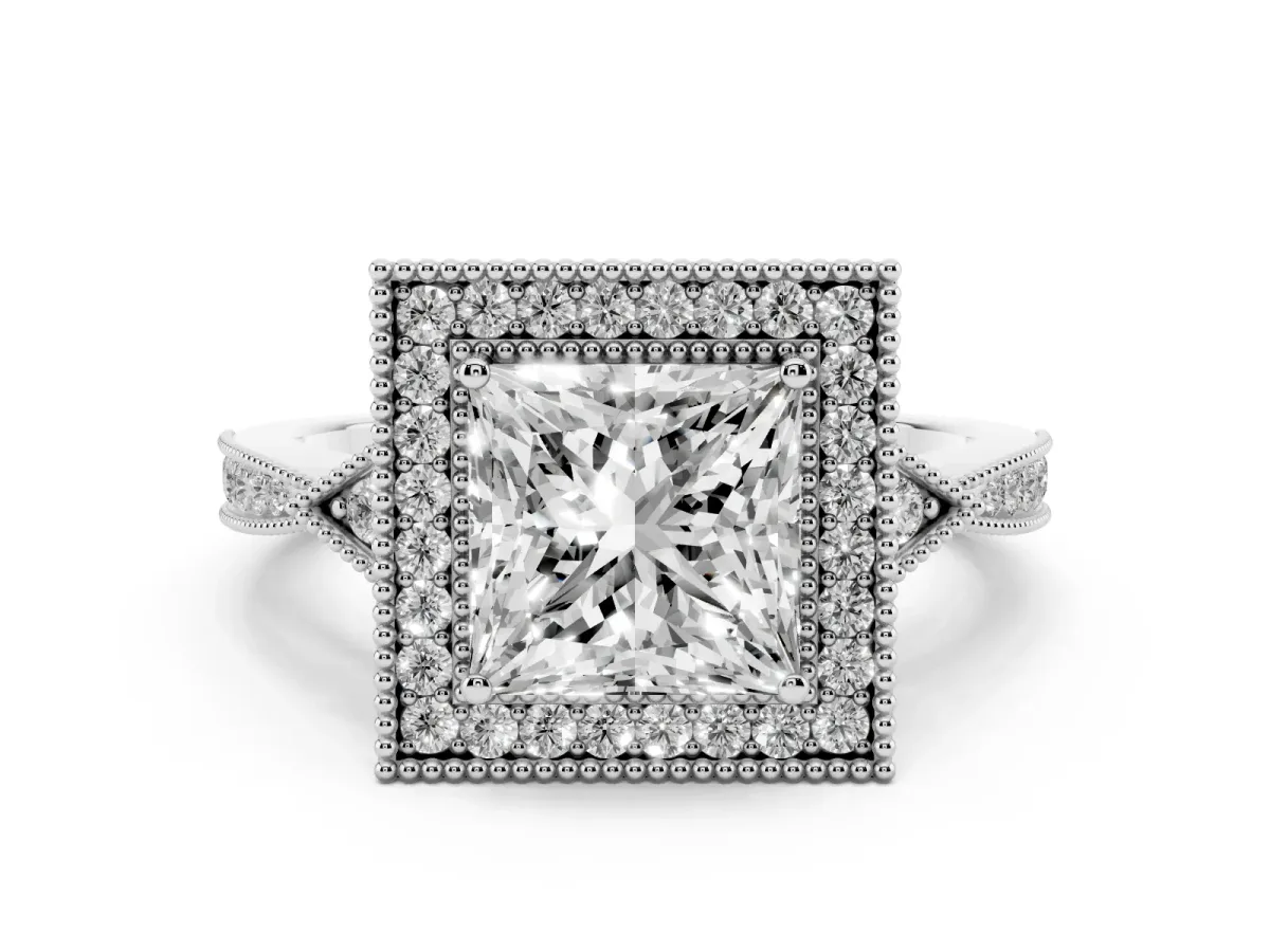 Princess Cut Halo Round Diamond Milgrain Pave Engagement Ring Silver