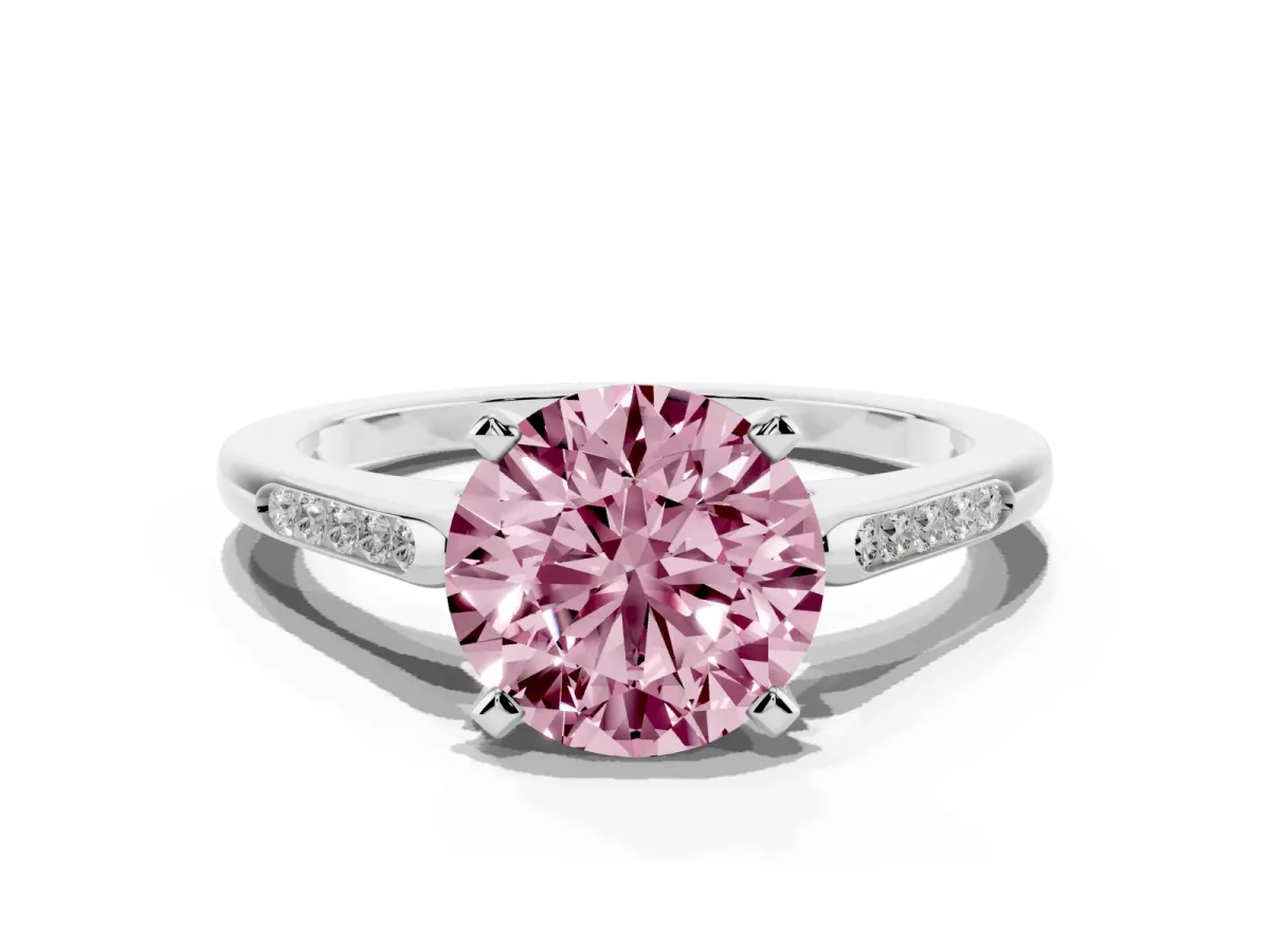 Fancy Pink Round Cut Diamond Solitaire Ring with Channel Set Round Band and Prong Setting Silver