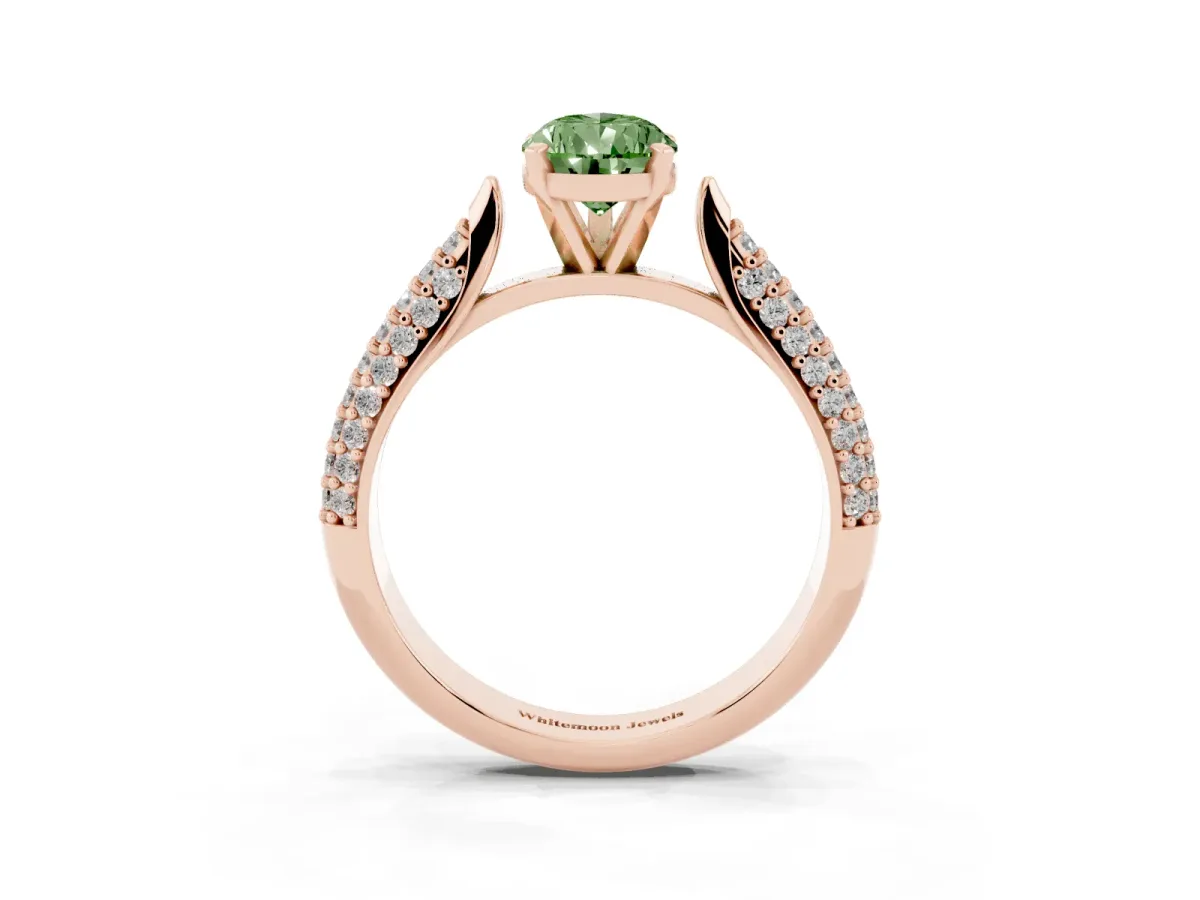 Fancy Green Pear Cut Diamond Solitaire Engagement Ring with Multi-Row Round Pavé Band and Prong Setting Rose gold