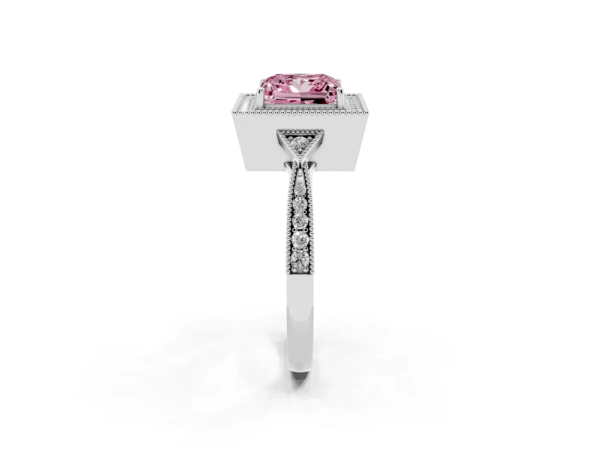 Fancy Pink Princess Cut Halo Round Diamond Milgrain Pave Engagement Ring White gold