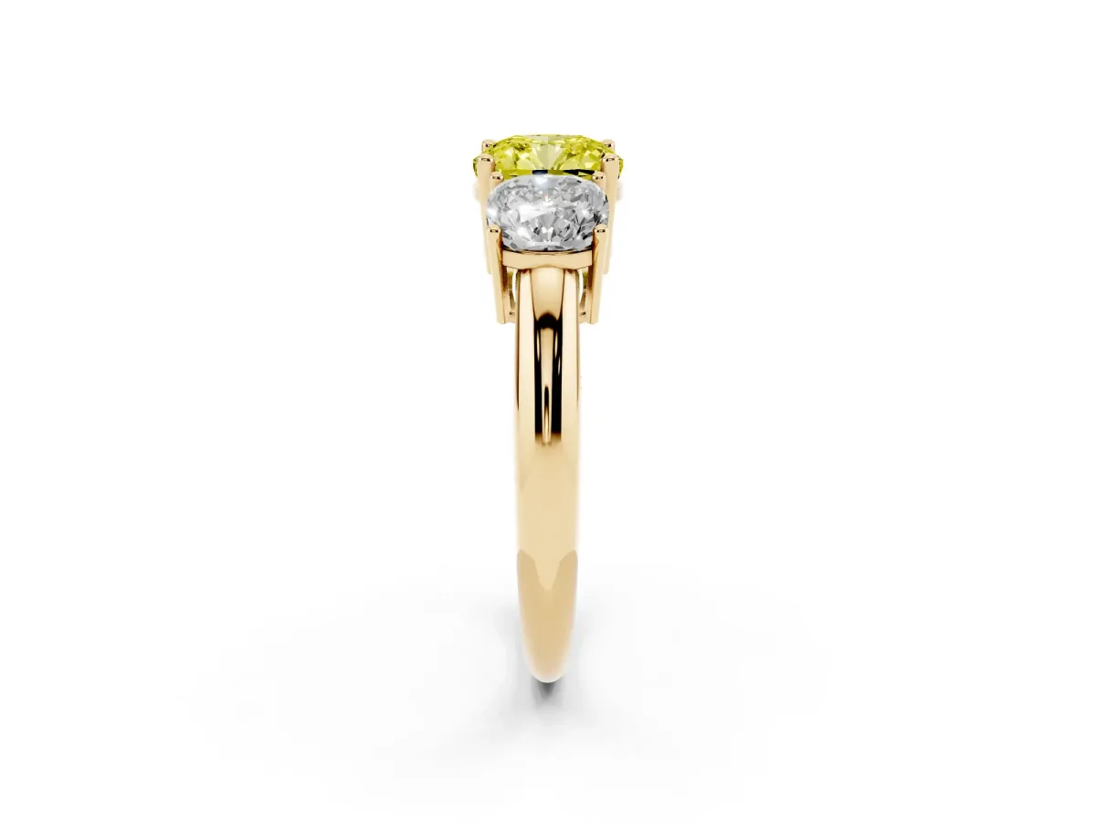 Fancy Yellow Three-Stone Cushion Cut Cut Diamond Engagement Ring with Prong Setting on a White Gold Band Yellow gold