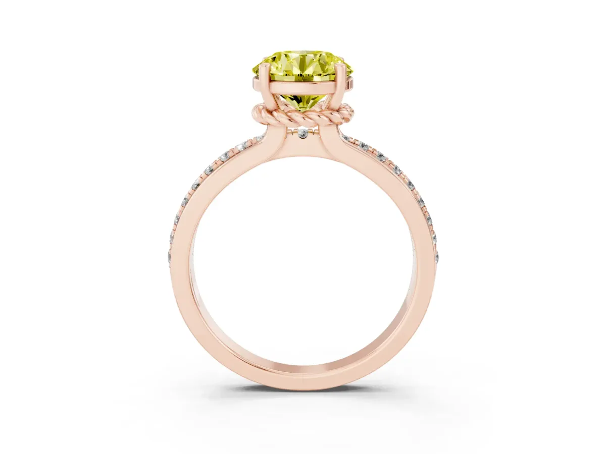 Fancy Yellow Round Cut Solitaire Diamond Ring with Channel Set Band and Six-Prong Setting Rose gold