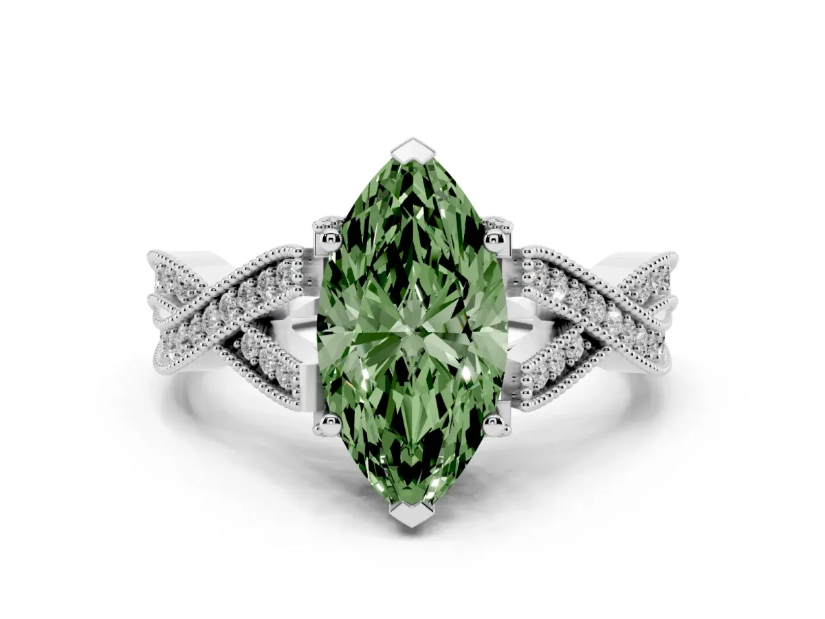 Fancy Green Marquise Cut Cut Diamond Twisted Band with Milgrain Pave Setting and Four-Prong Setting White gold