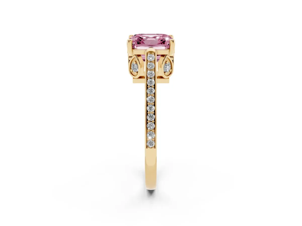 Fancy Pink Asscher Cut Cut Cathedral Pave Diamond Engagement Ring with Six-Prong Setting Yellow gold
