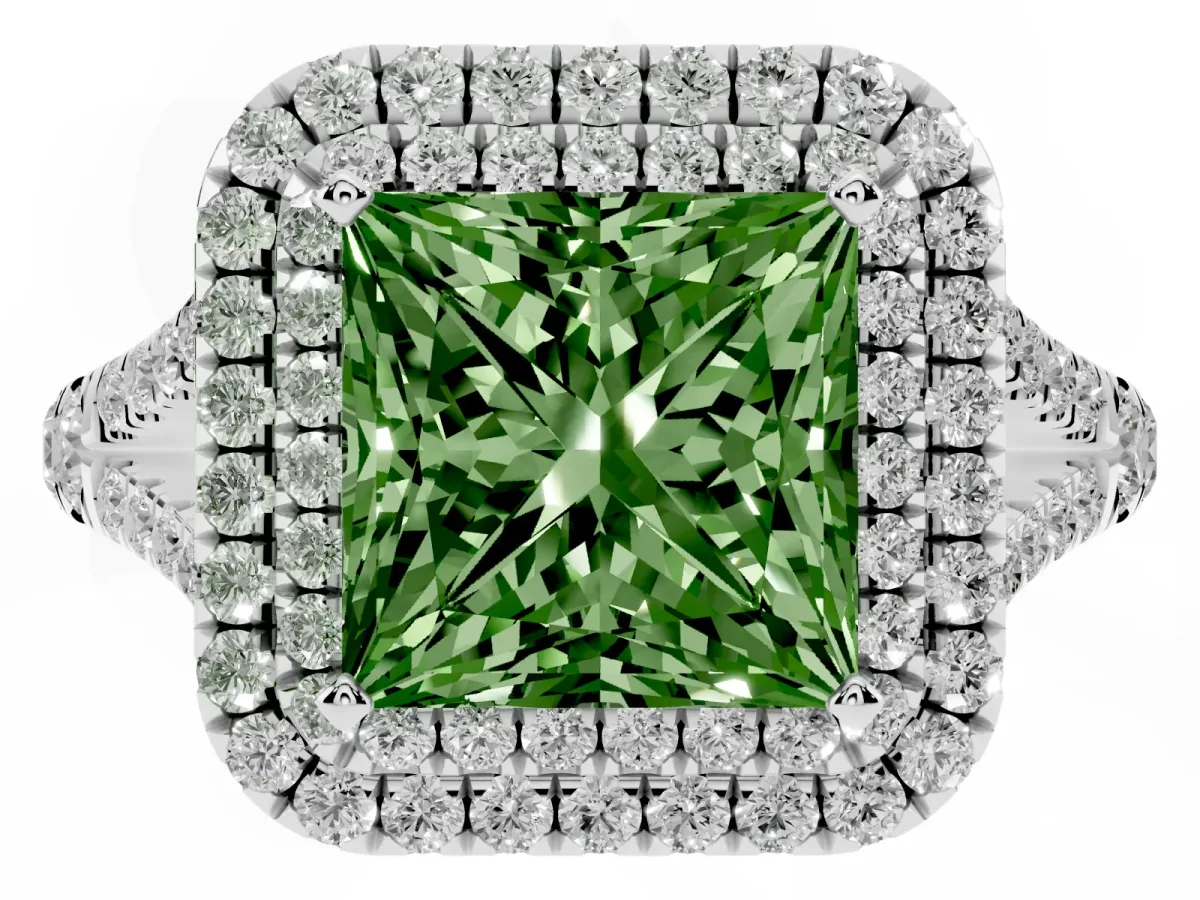 Fancy Green Princess Cut Diamond Pavé Split Shank Double Halo Engagement Ring Silver