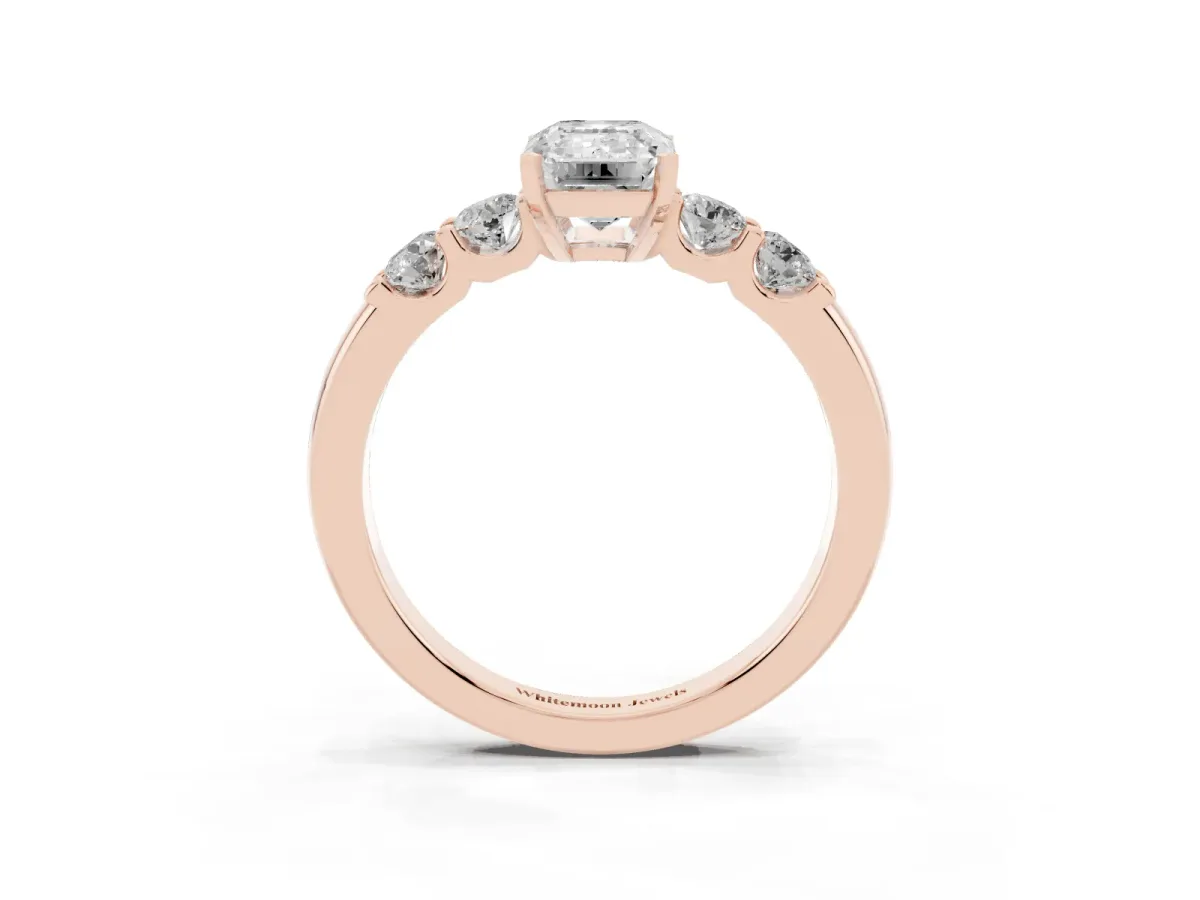 Emerald Cut Brilliant Cut Diamond Five-Stone Prong Set Engagement Ring with Channel Band Rose gold