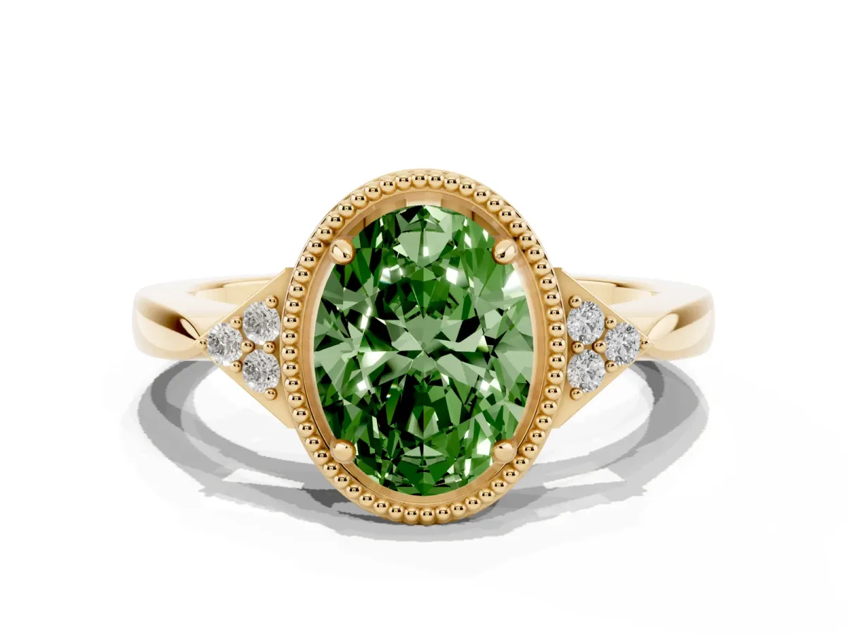 Fancy Green Oval Cut Diamond Halo Ring with Tapered Band and Four-Prong Setting Yellow gold