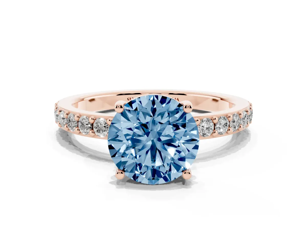 Fancy Blue Round Cut Cut Diamond Solitaire with Pave Band and Four-Prong Setting Rose gold