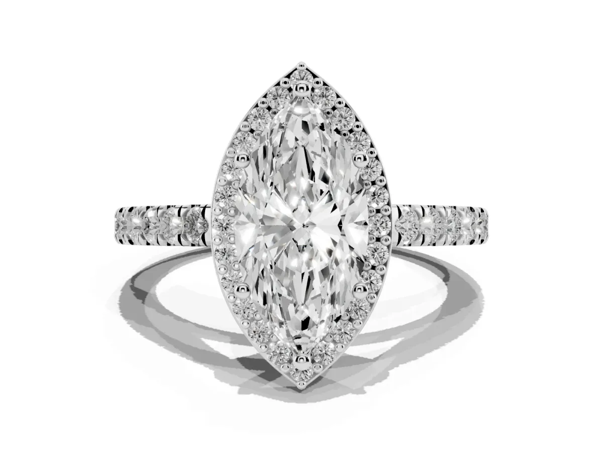 Marquise Cut Cut Halo Diamond Engagement Ring with Pave Band and Four-Prong Setting Silver