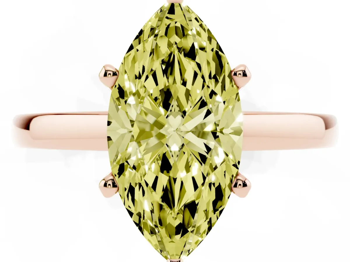 Fancy Yellow Marquise Cut Solitaire Diamond Engagement Ring with Four-Prong Setting on a Classic Band Rose gold