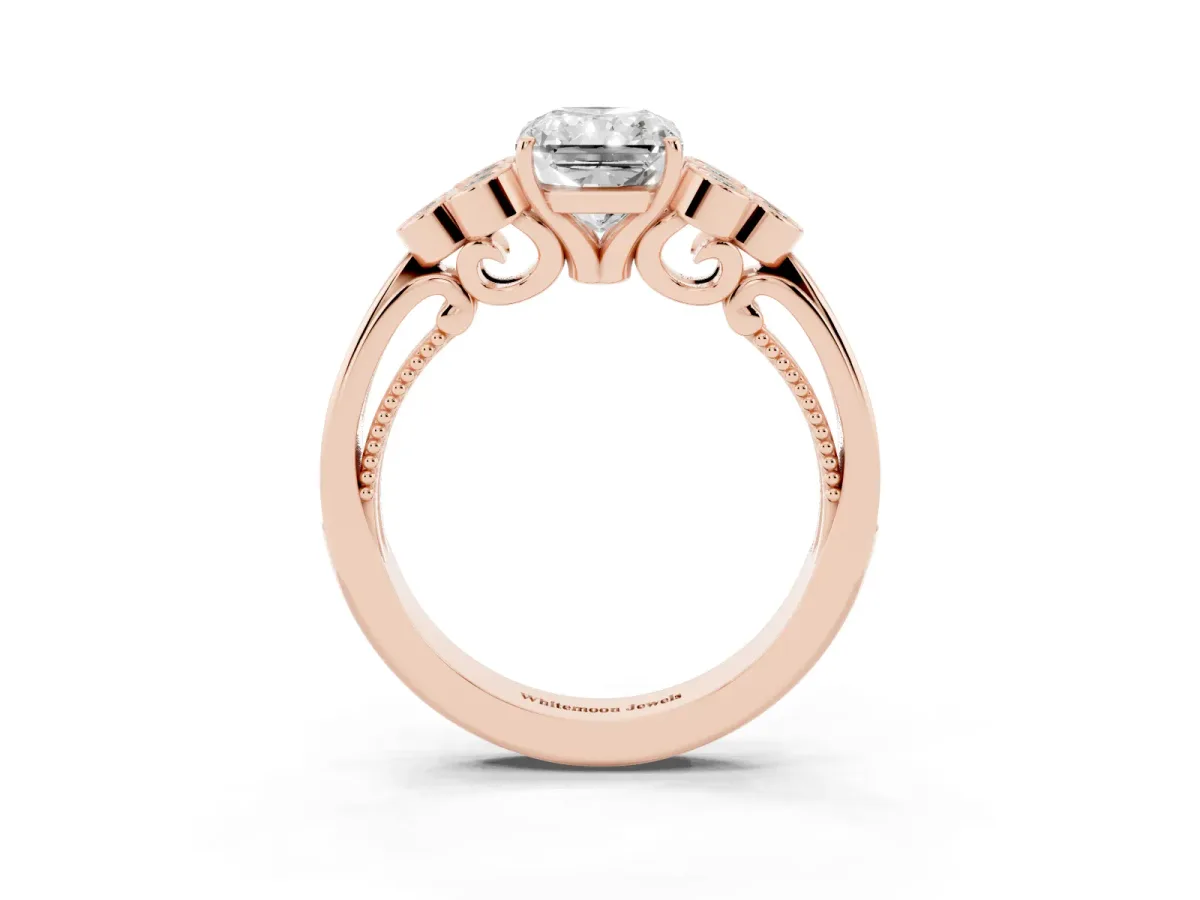 Radiant Cut Cut Diamond Engagement Ring with Bezel Set Round Side Stones and Prong Setting Rose gold