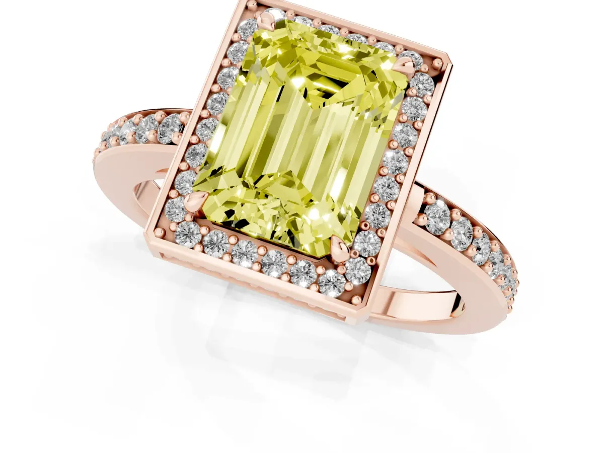 Fancy Yellow Emerald Cut Halo Pave Band Solitaire Ring with Prong Setting Rose gold