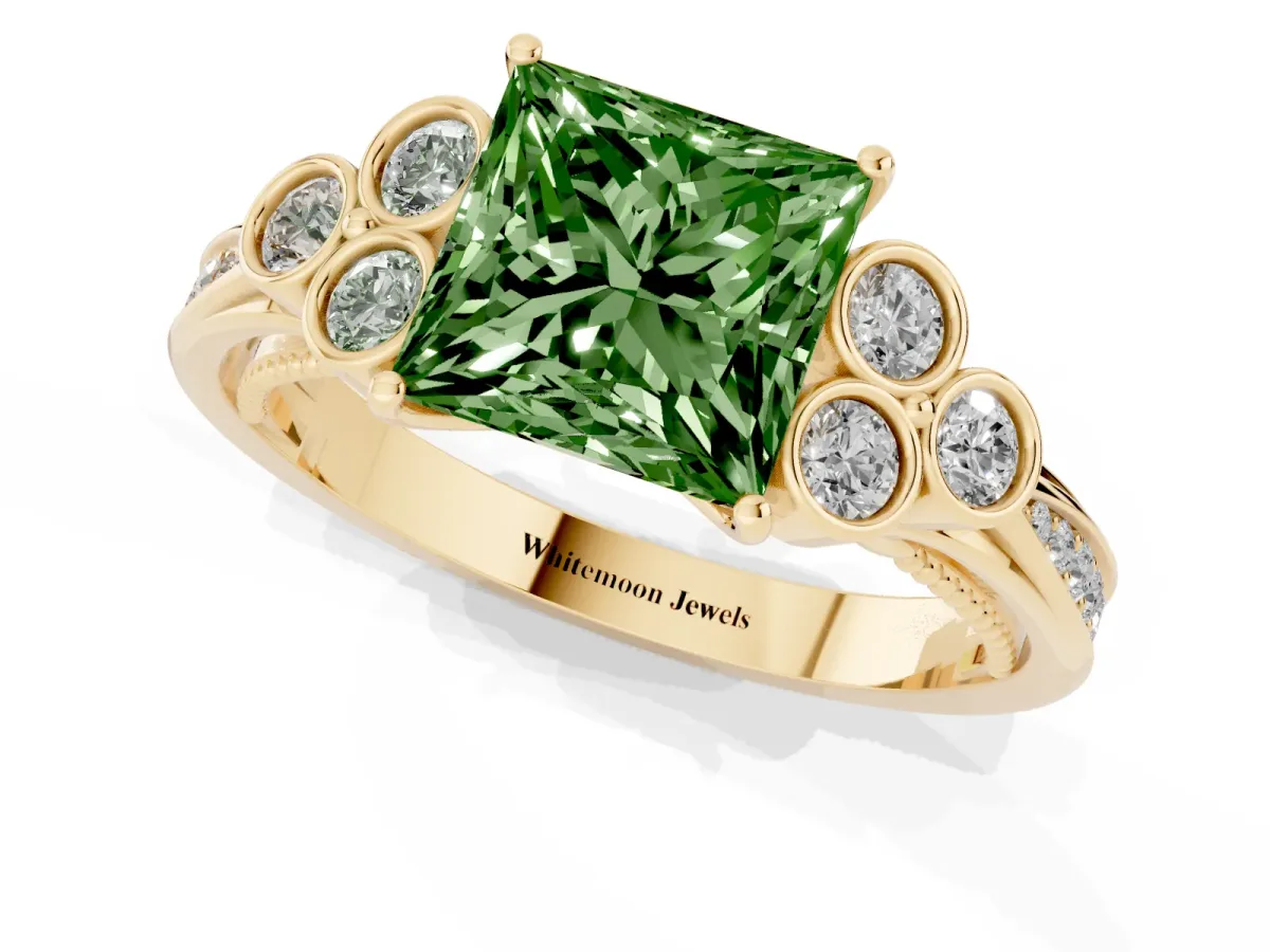 Fancy Green Princess Cut Cut Diamond Engagement Ring with Bezel Set Round Side Stones and Prong Setting Yellow gold
