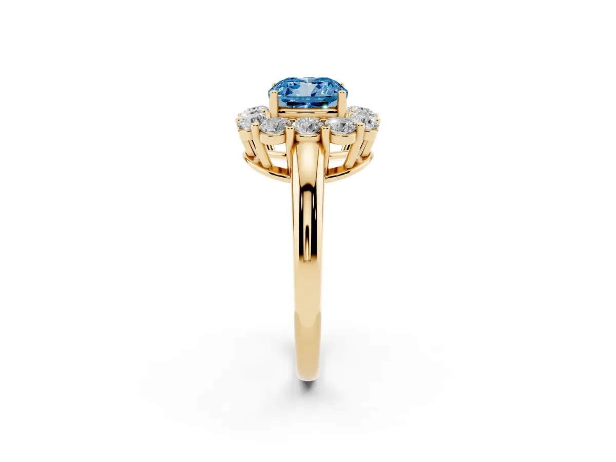 Fancy Blue Cushion Cut Halo Cluster Diamond Engagement Ring with Prong Setting and Polished Band Yellow gold