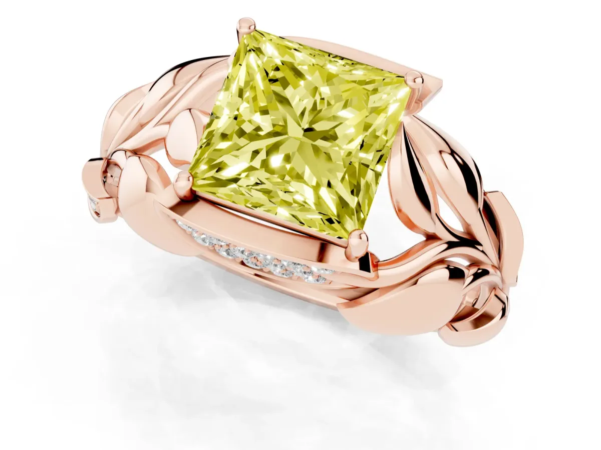 Fancy Yellow Princess Cut Diamond Leaf-Inspired Engagement Ring with Round Accents and Prong Setting Rose gold