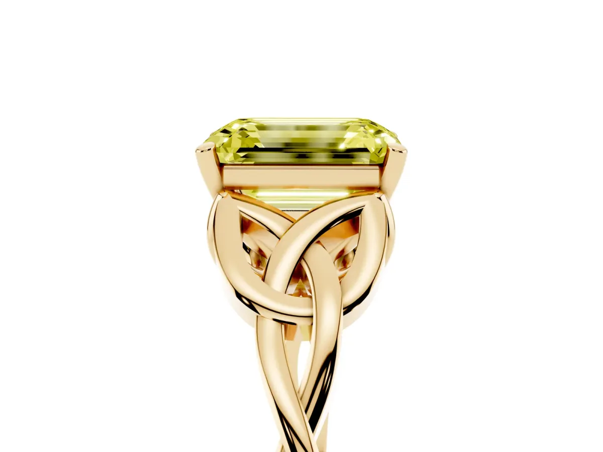 Fancy Yellow Emerald Cut Diamond Solitaire Engagement Ring with Celtic Knot Band and Four-Prong Setting Yellow gold