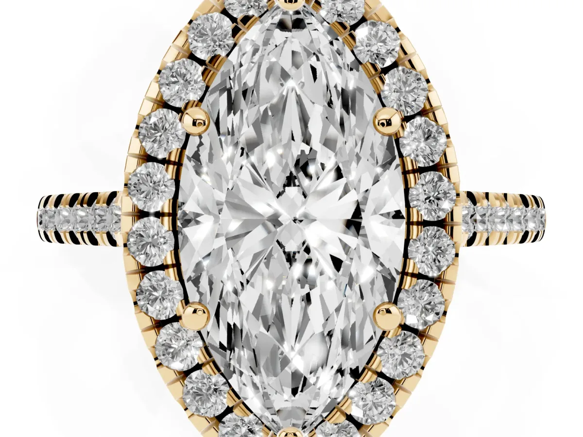 Marquise Cut Diamond Cushion Halo Ring with Pavé Band Yellow gold