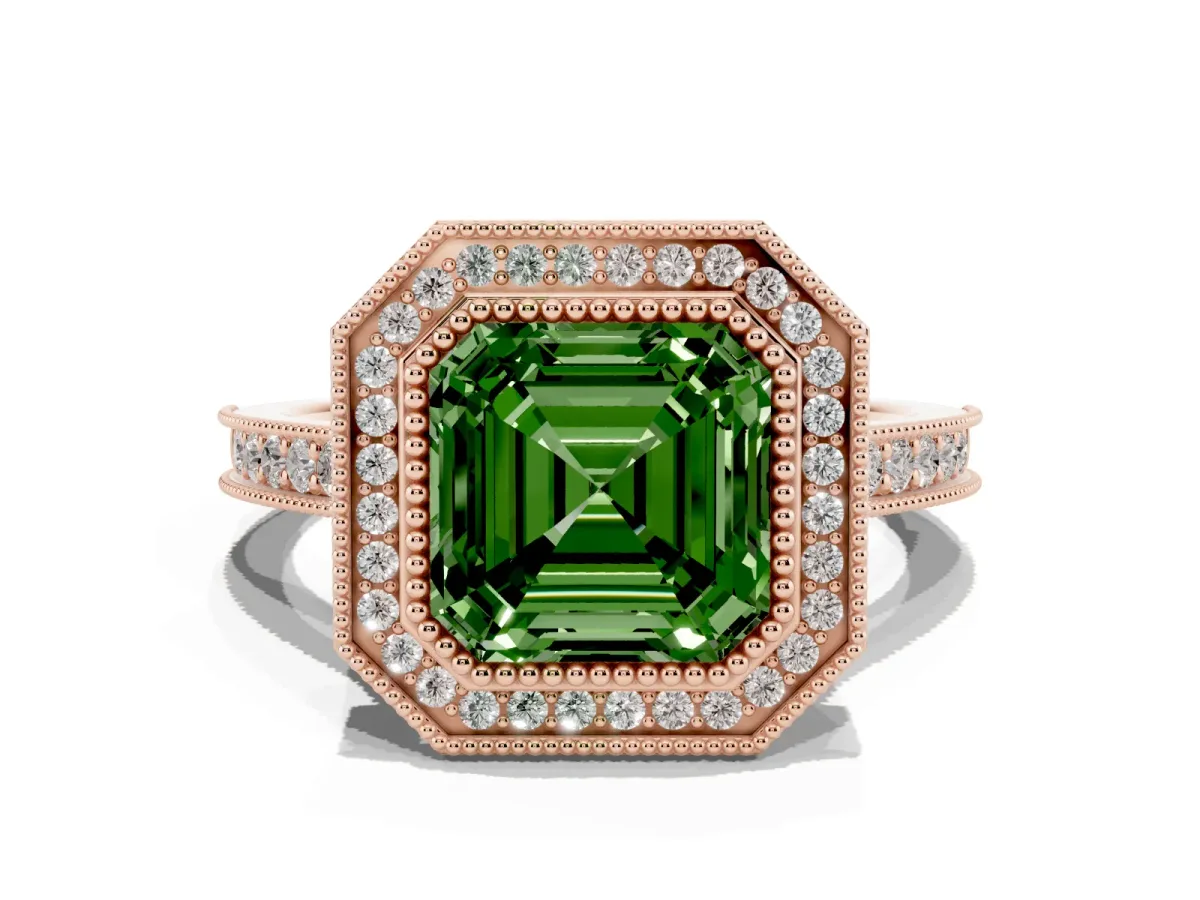Fancy Green Halo Asscher Cut-Cut Diamond Pave Band Milgrain Prong Setting Ring Rose gold