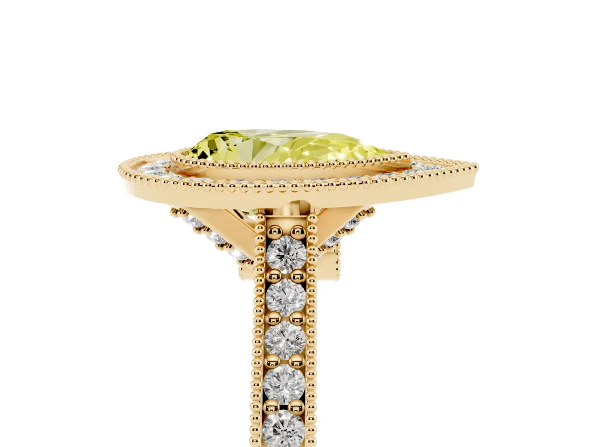 Fancy Yellow Halo Pear Cut-Cut Diamond Pave Band Milgrain Prong Setting Ring Yellow gold