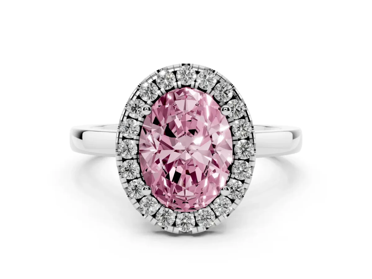 Fancy Pink Oval Cut Halo Diamond Solitaire with Pavé Band and Four-Prong Setting White gold
