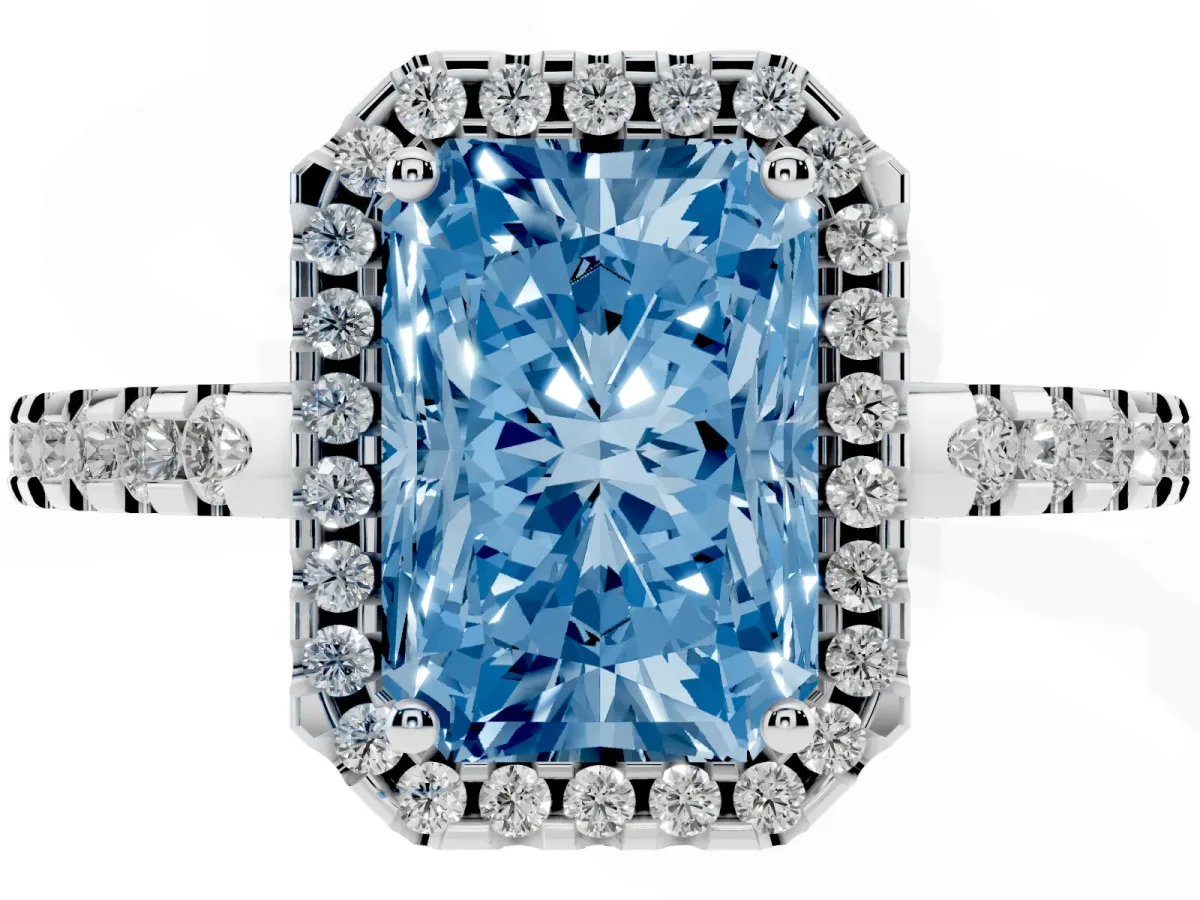 Fancy Blue Radiant Cut Diamond Halo Engagement Ring with Pavé Band and Prong Setting Platinum