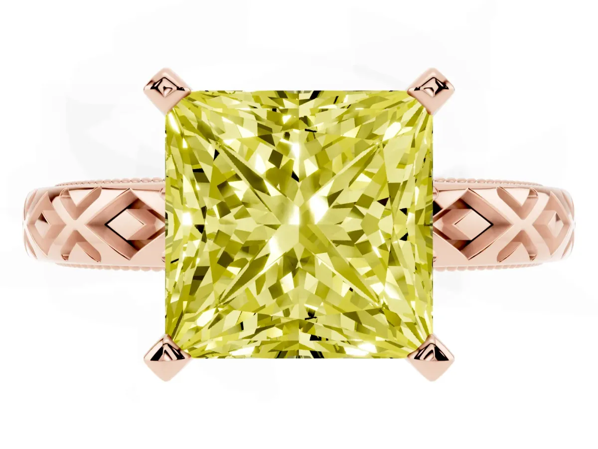 Fancy Yellow Princess Cut Solitaire Diamond Ring with Milgrain and Black Enamel X Pattern Band Rose gold