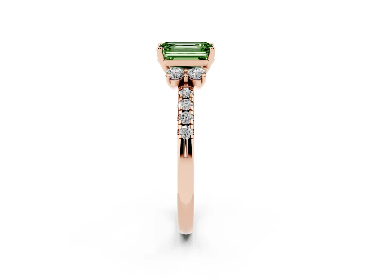 Fancy Green Emerald Cut Diamond Three-Stone Pave Band with Four-Prong Setting Rose gold