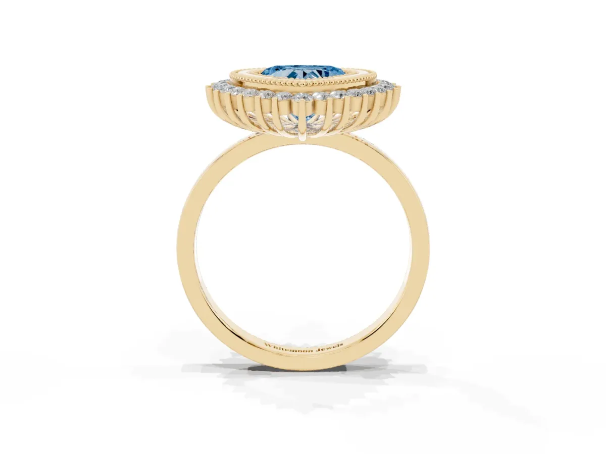 Fancy Blue Heart Cut Halo Diamond Ring with Milgrain Edge and Round Prong Setting Yellow gold