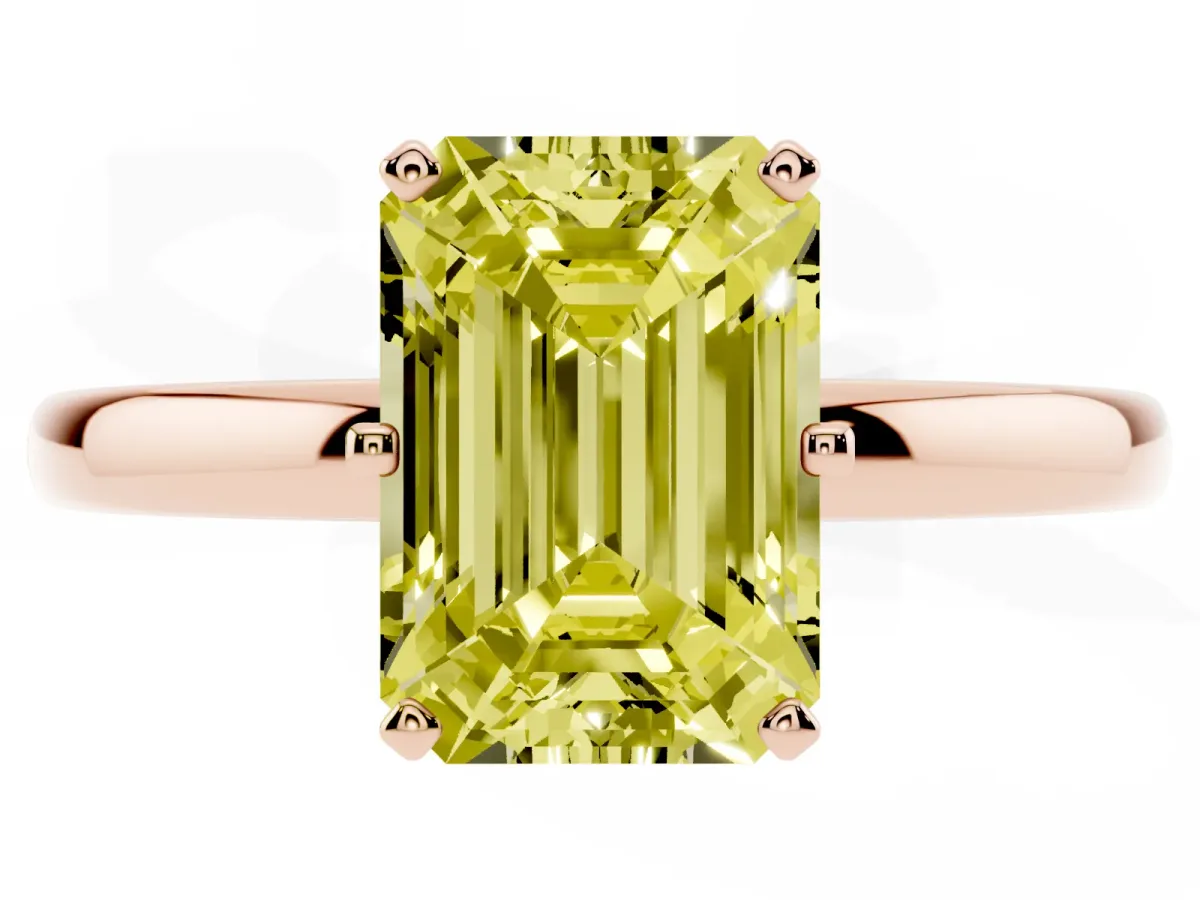 Fancy Yellow Emerald Cut Solitaire Diamond Ring with Six-Prong Setting on a Classic Band Rose gold