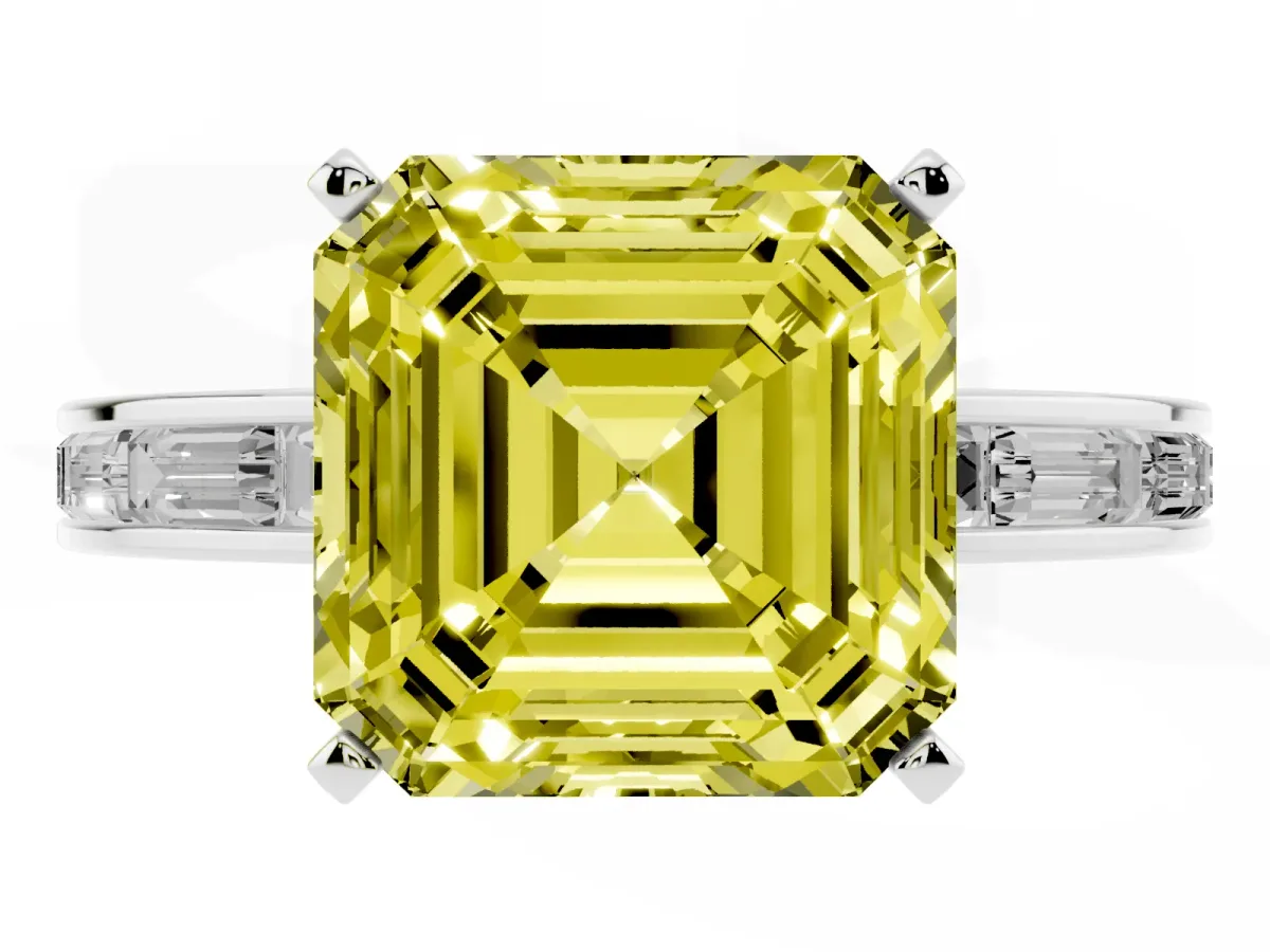 Fancy Yellow Asscher Cut Solitaire Diamond Ring with Channel-Set Baguette Band and Four-Prong Setting Silver