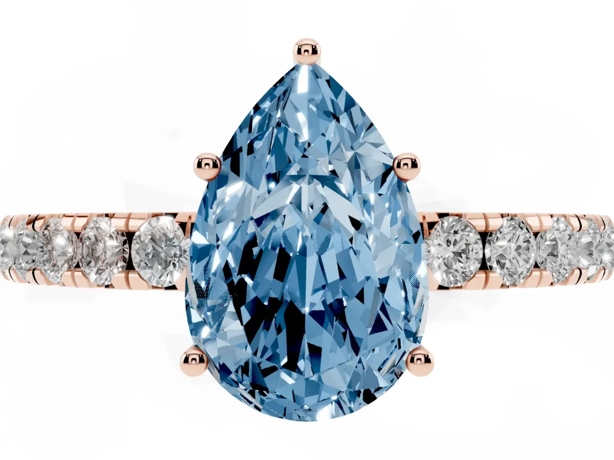 Fancy Blue Pear Cut Diamond Pavé Solitaire Engagement Ring with Four-Prong Setting Rose gold