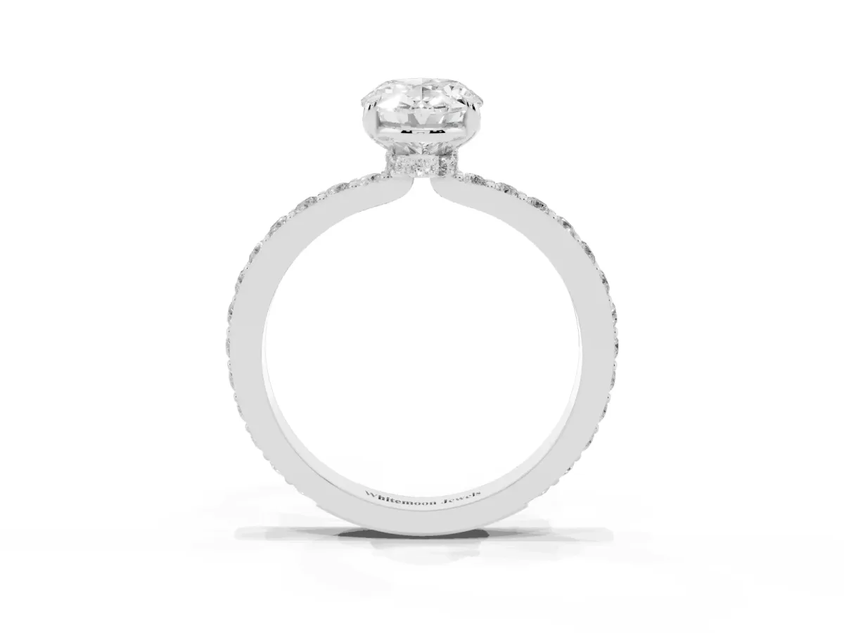 Oval Cut Diamond Pavé Engagement Ring with Round Accents and Prong Setting Silver