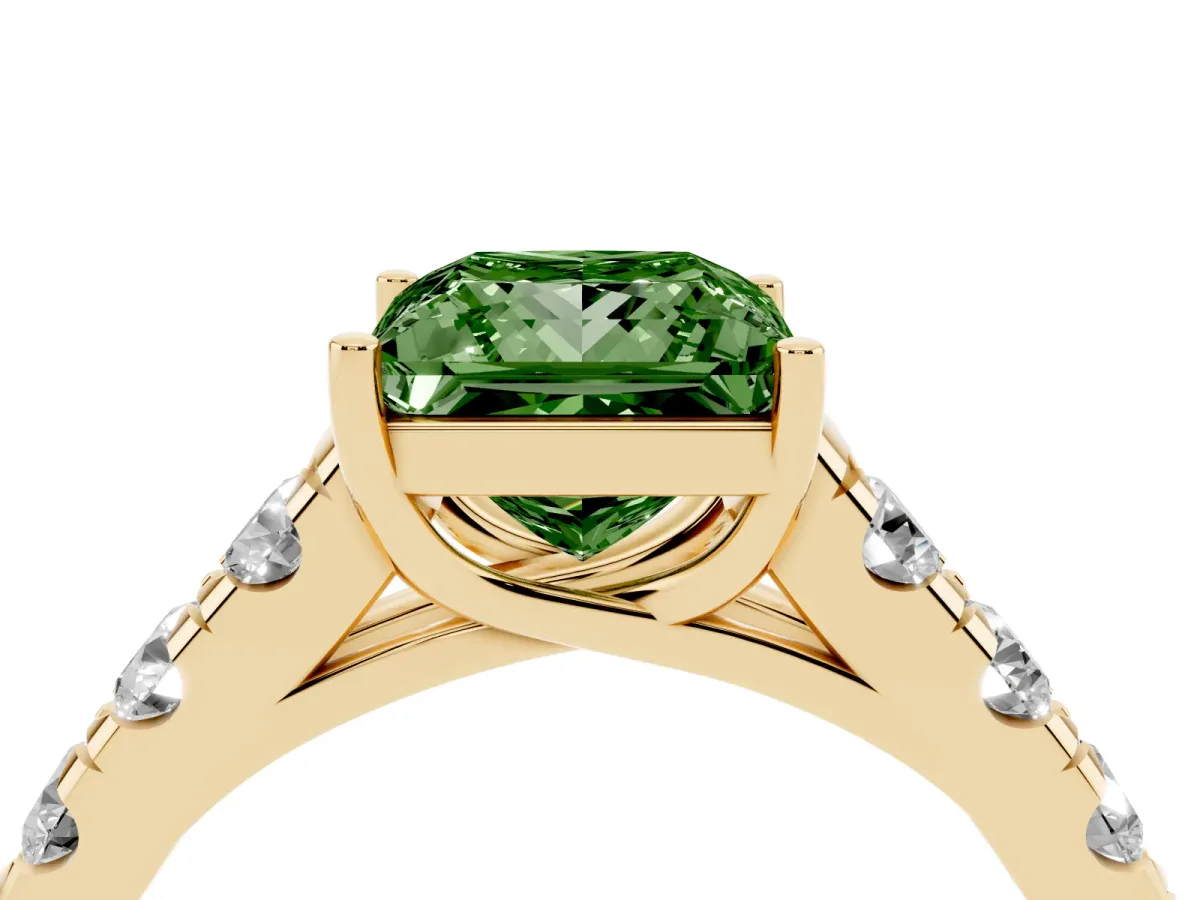 Fancy Green Princess Cut Cut Diamond Solitaire Ring with Micro Pave Band and Prong Setting Yellow gold