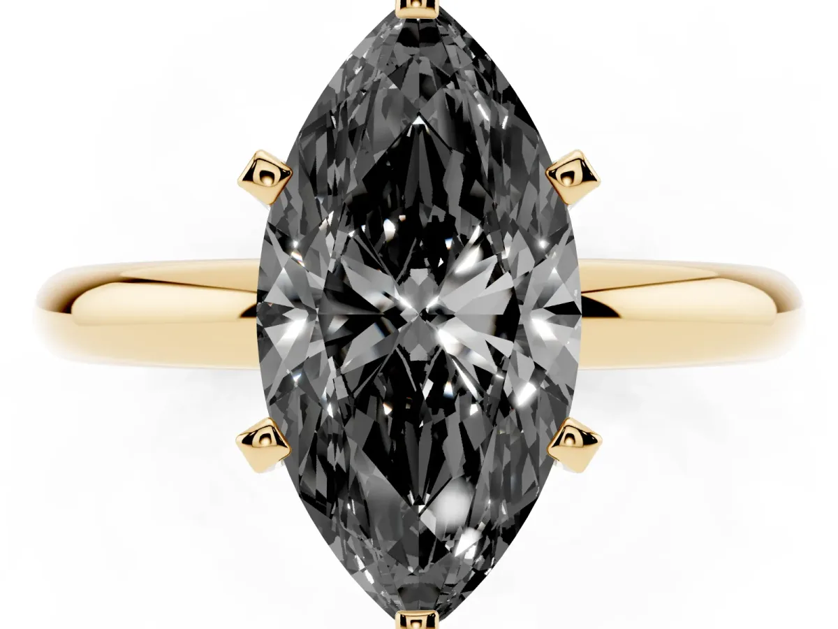 Fancy Black Marquise Cut Diamond Solitaire Engagement Ring with Round Band and Four-Prong Setting Yellow gold