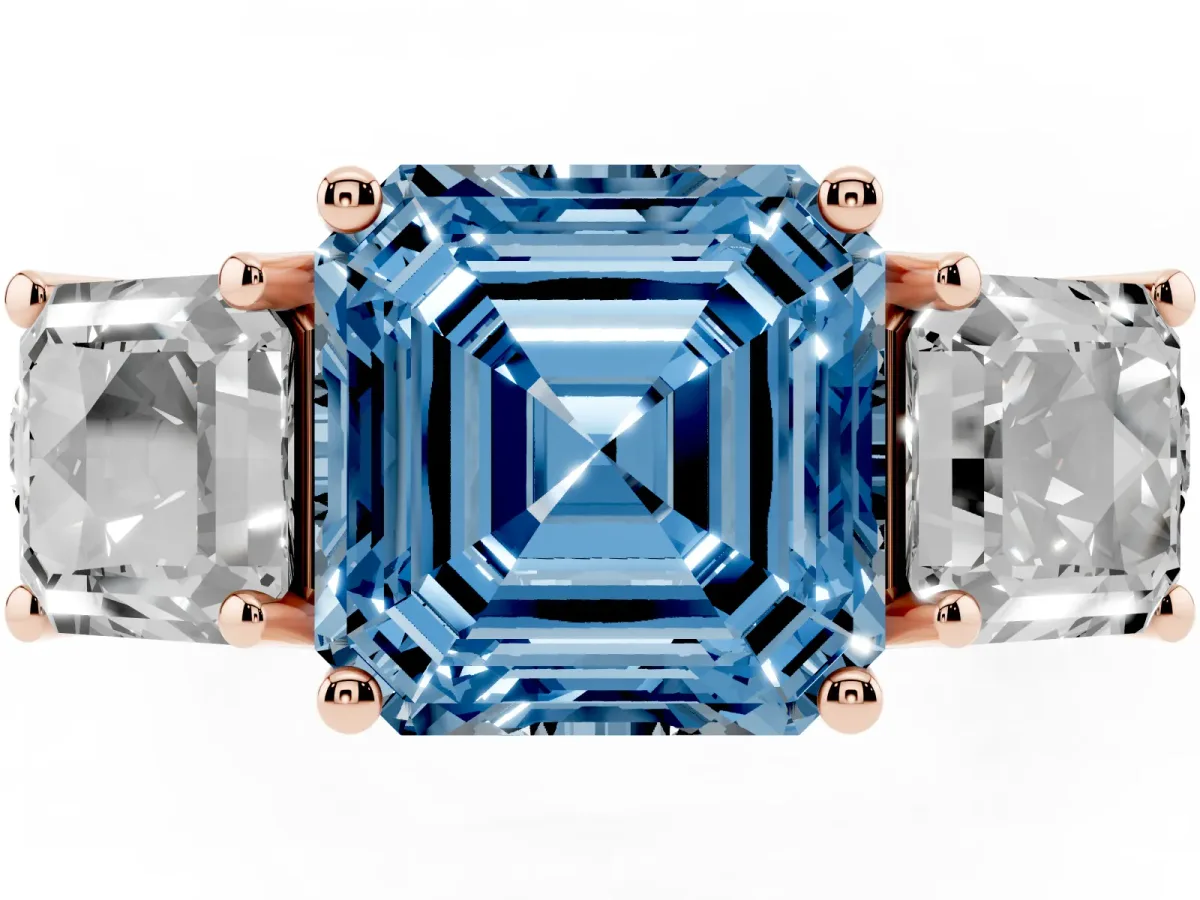 Fancy Blue Three-Stone Asscher Cut Diamond Pavé Band with Prong Setting Rose gold