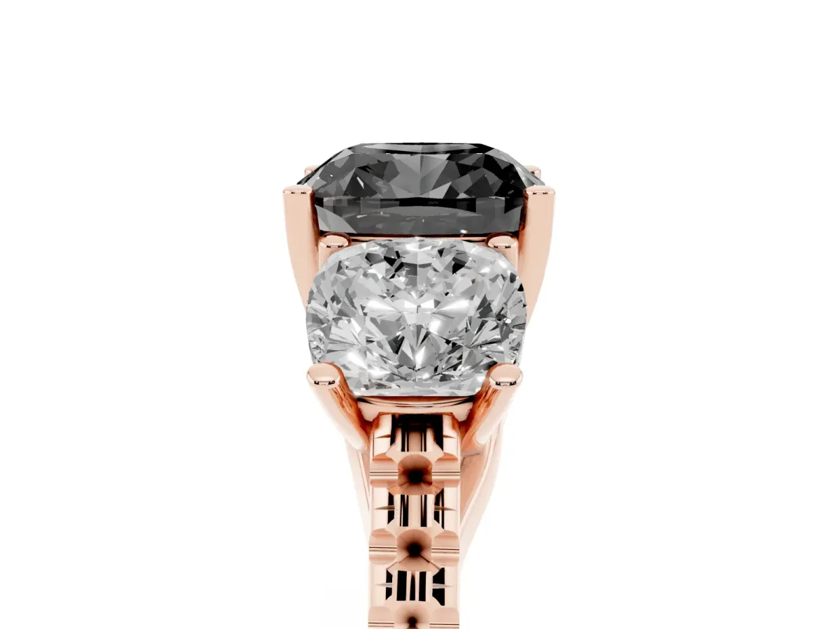 Fancy Black Three-Stone Cushion Cut Diamond Ring with Round Pavé Band and Prong Setting Rose gold