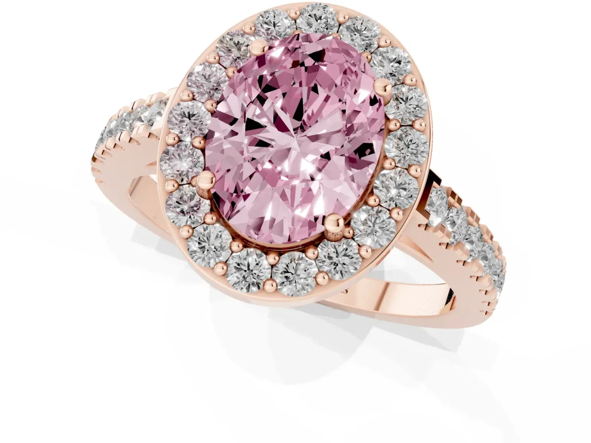 Fancy Pink Oval Cut Diamond Halo Ring with Round Pavé Split Shank and Prong Setting Rose gold