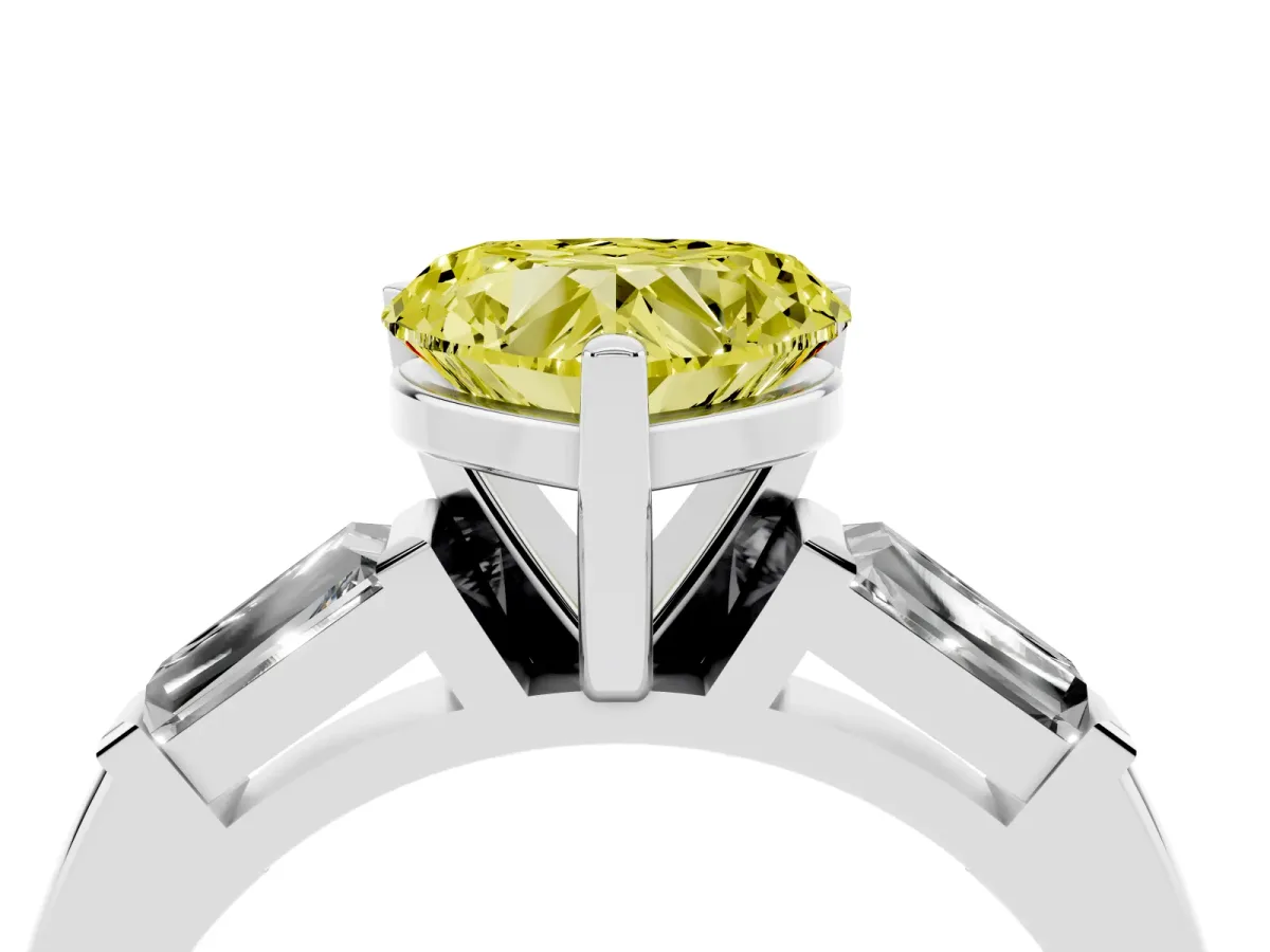 Fancy Yellow Heart Cut Solitaire with Tapered Baguette Side Stones on a Classic Band with Four-Prong Setting Platinum