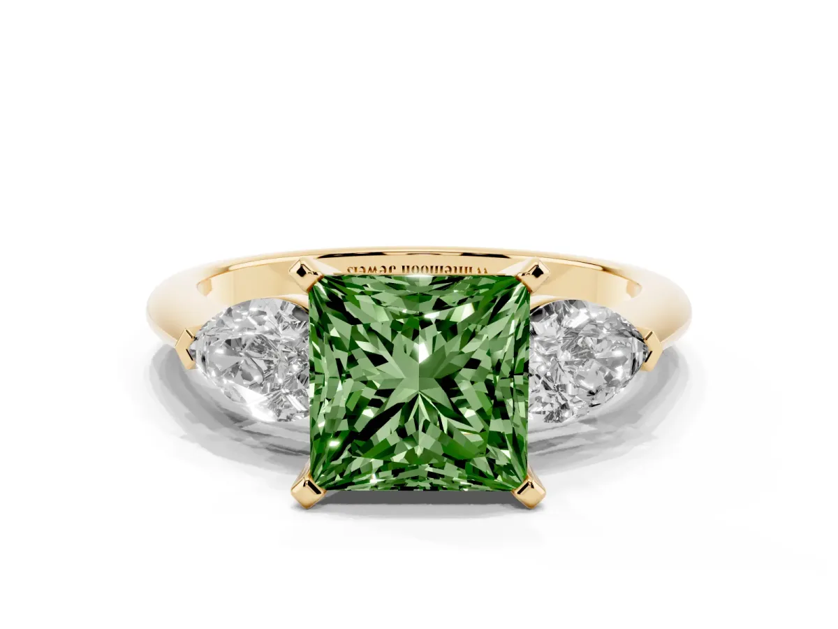 Fancy Green Three-Stone Princess Cut Diamond Ring with Pear Side Stones and Four-Prong Setting Yellow gold