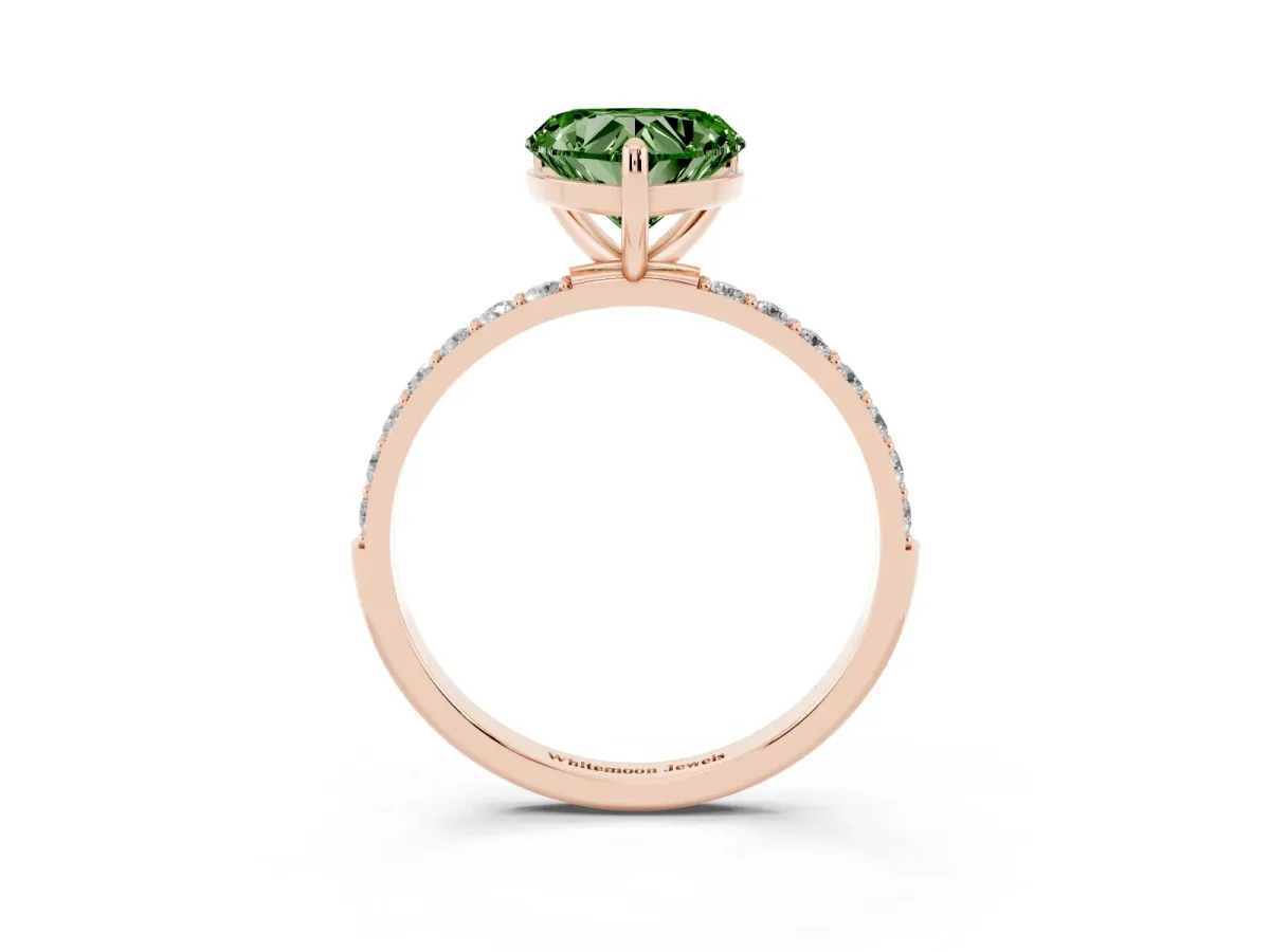 Fancy Green Heart Cut Diamond Solitaire Ring with Round Pavé Band and Prong Setting Rose gold